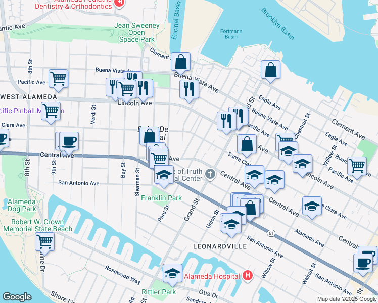 map of restaurants, bars, coffee shops, grocery stores, and more near 1418 Cottage Street in Alameda