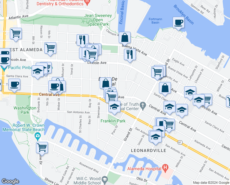 map of restaurants, bars, coffee shops, grocery stores, and more near 1410 Benton Street in Alameda