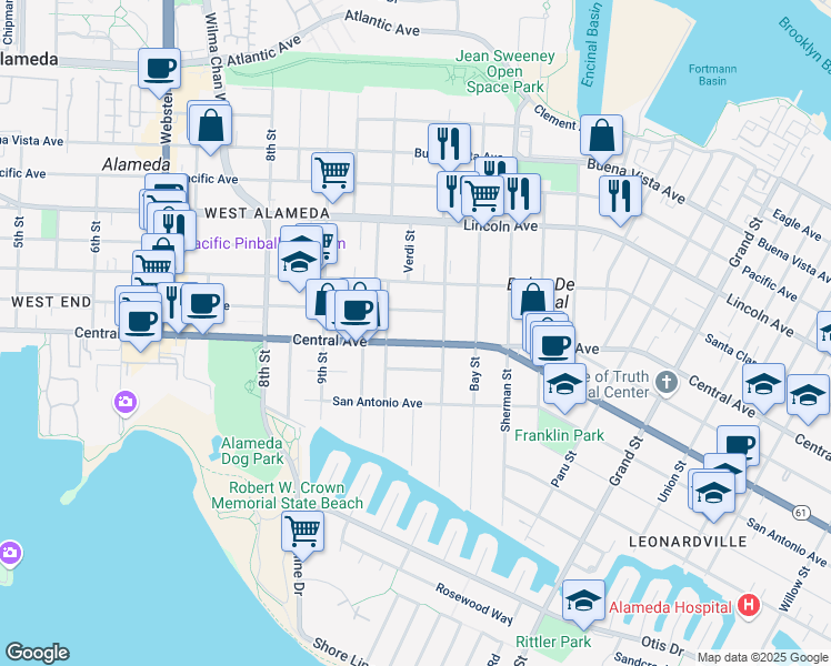 map of restaurants, bars, coffee shops, grocery stores, and more near 1035 Central Avenue in Alameda