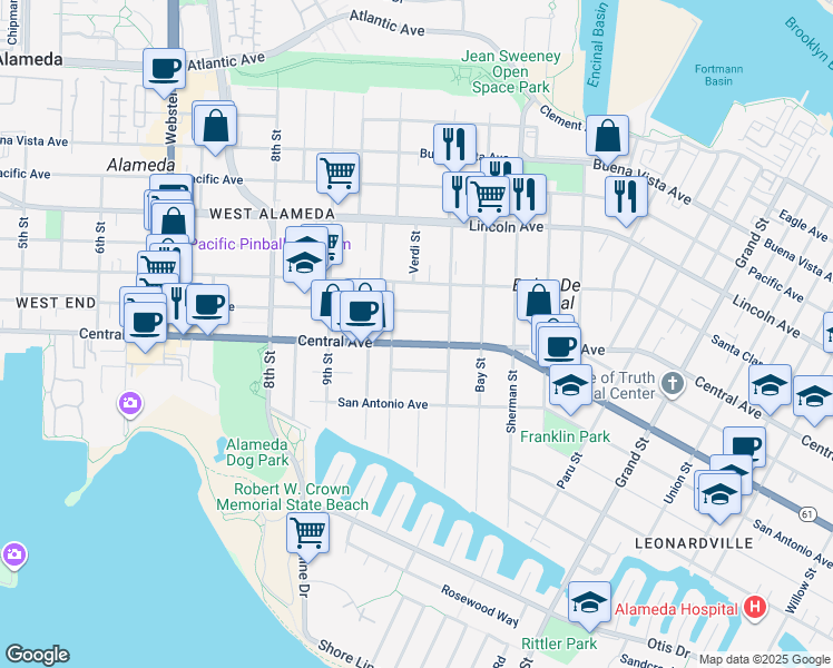 map of restaurants, bars, coffee shops, grocery stores, and more near 1035 Central Avenue in Alameda