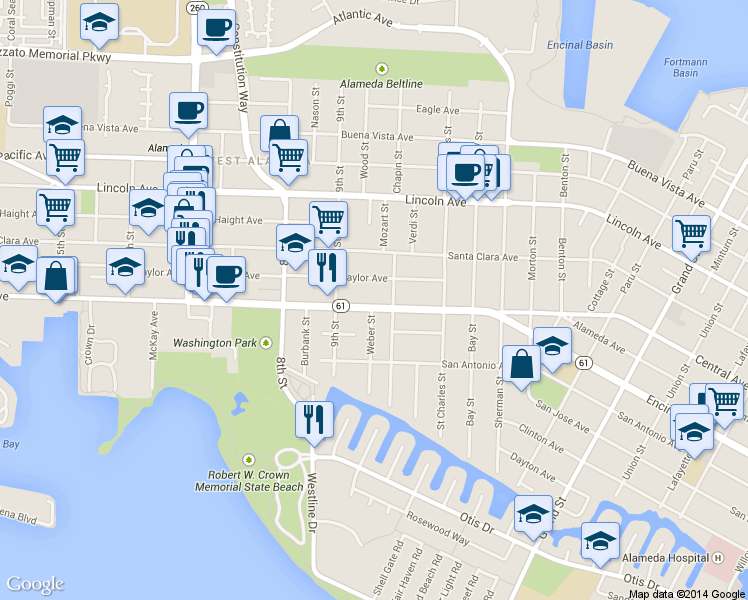 map of restaurants, bars, coffee shops, grocery stores, and more near 923 Central Avenue in Alameda