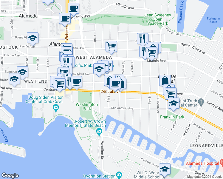 map of restaurants, bars, coffee shops, grocery stores, and more near 923 Central Avenue in Alameda