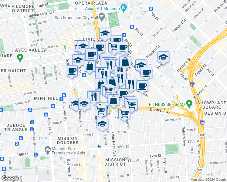 map of restaurants, bars, coffee shops, grocery stores, and more near 139 South Van Ness Avenue in San Francisco