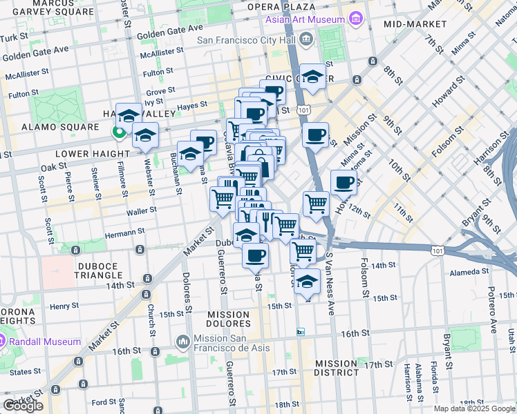 map of restaurants, bars, coffee shops, grocery stores, and more near in San Francisco