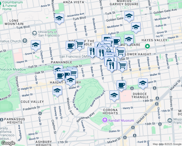 map of restaurants, bars, coffee shops, grocery stores, and more near 52 Baker Street in San Francisco
