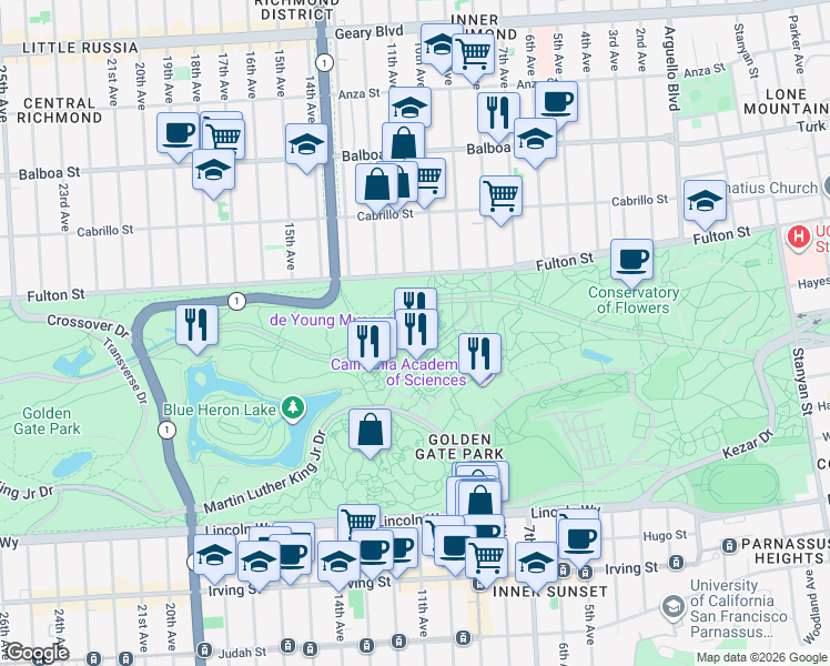map of restaurants, bars, coffee shops, grocery stores, and more near 50 Hagiwara Tea Garden Drive in San Francisco