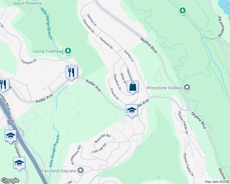 map of restaurants, bars, coffee shops, grocery stores, and more near 8090 Coach Drive in Oakland