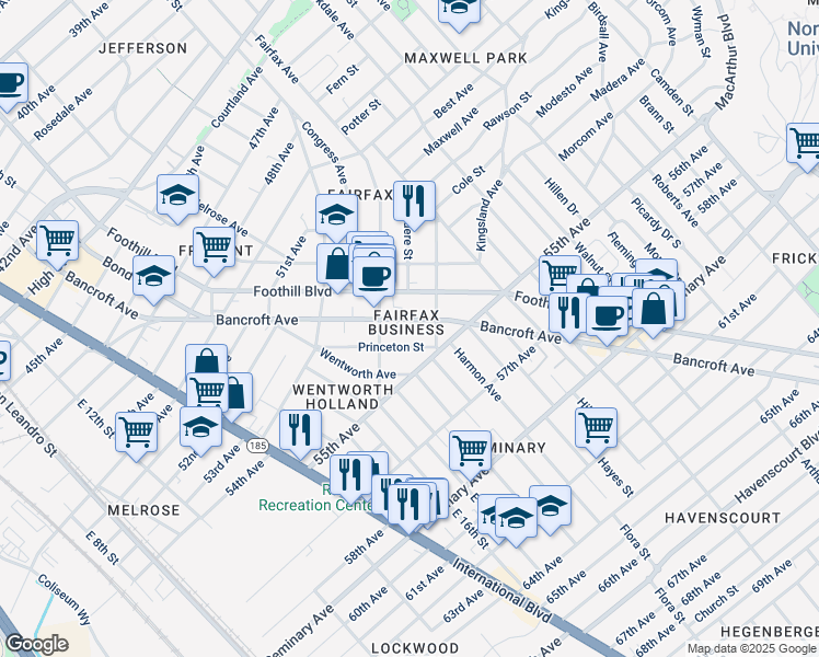 map of restaurants, bars, coffee shops, grocery stores, and more near 5435 Bancroft Avenue in Oakland