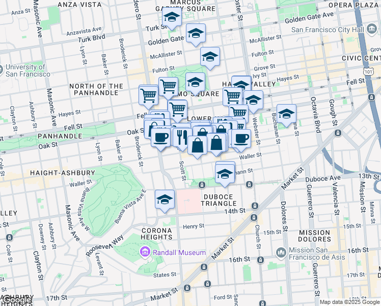 map of restaurants, bars, coffee shops, grocery stores, and more near 747 Haight Street in San Francisco