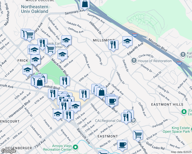 map of restaurants, bars, coffee shops, grocery stores, and more near 6941 Outlook Avenue in Oakland