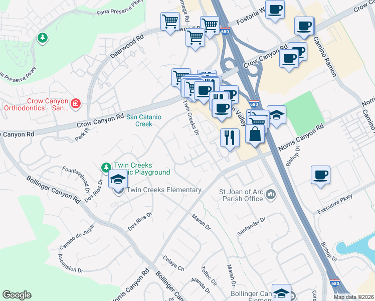 map of restaurants, bars, coffee shops, grocery stores, and more near 564 La Copita Court in San Ramon