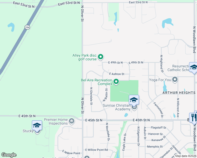 map of restaurants, bars, coffee shops, grocery stores, and more near 5012 East 48th Street North in Bel Aire