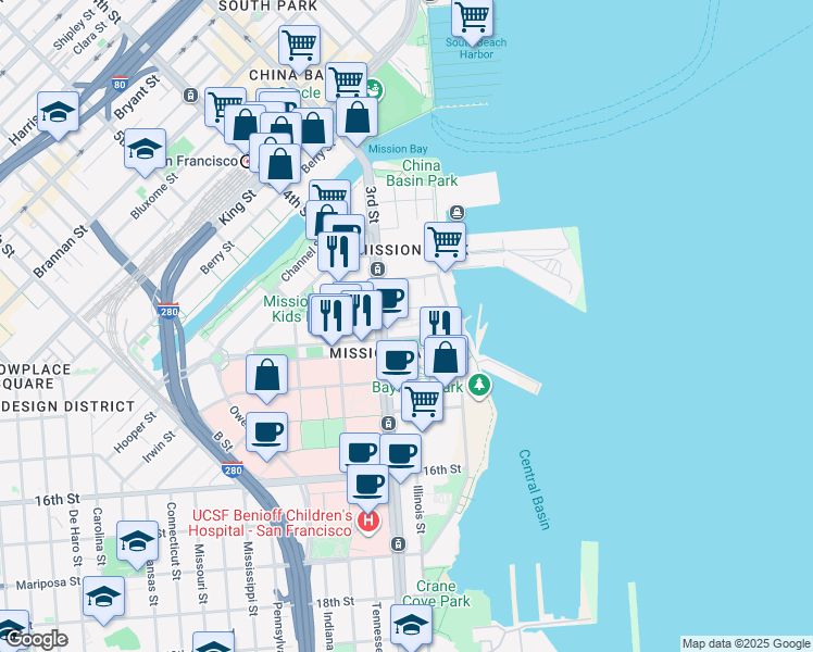 map of restaurants, bars, coffee shops, grocery stores, and more near 420 Mission Bay Boulevard North in San Francisco