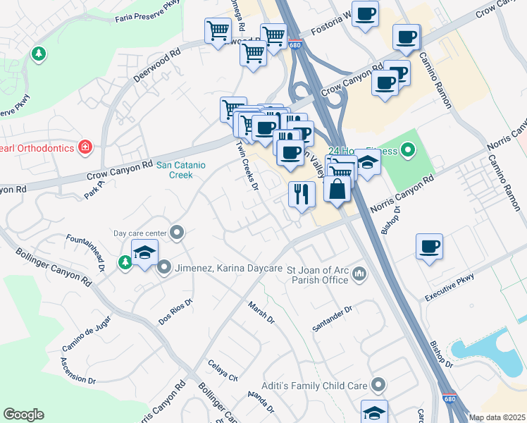 map of restaurants, bars, coffee shops, grocery stores, and more near 2612 Shadow Mountain Drive in San Ramon