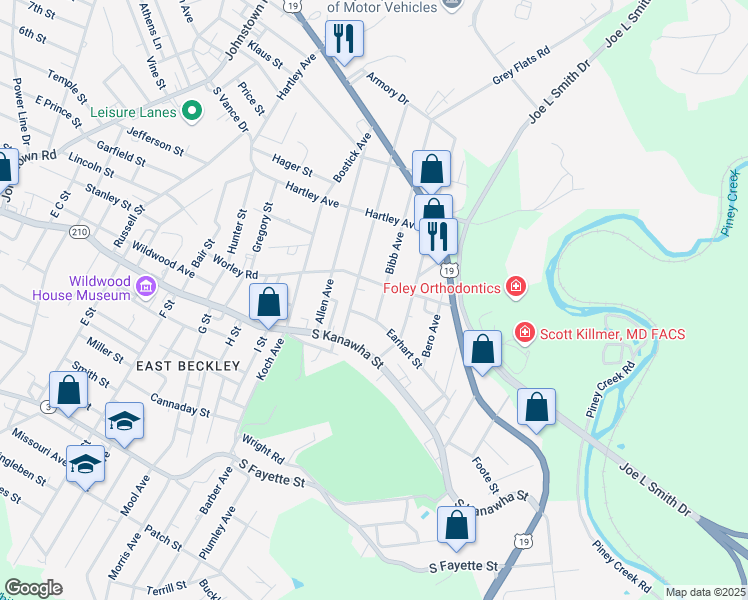 map of restaurants, bars, coffee shops, grocery stores, and more near 110 Bibb Avenue in Beckley