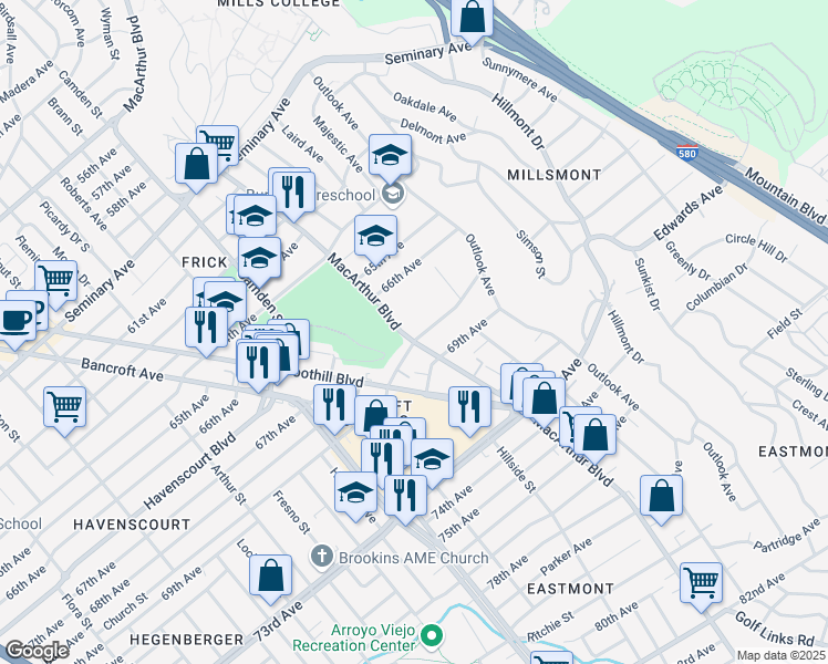 map of restaurants, bars, coffee shops, grocery stores, and more near 6730 MacArthur Boulevard in Oakland