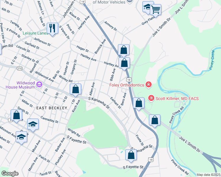 map of restaurants, bars, coffee shops, grocery stores, and more near 110 Bibb Ave in Beckley