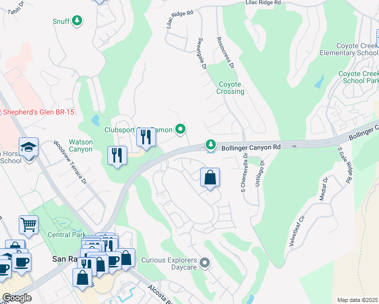 map of restaurants, bars, coffee shops, grocery stores, and more near 377 Eastridge Drive in San Ramon