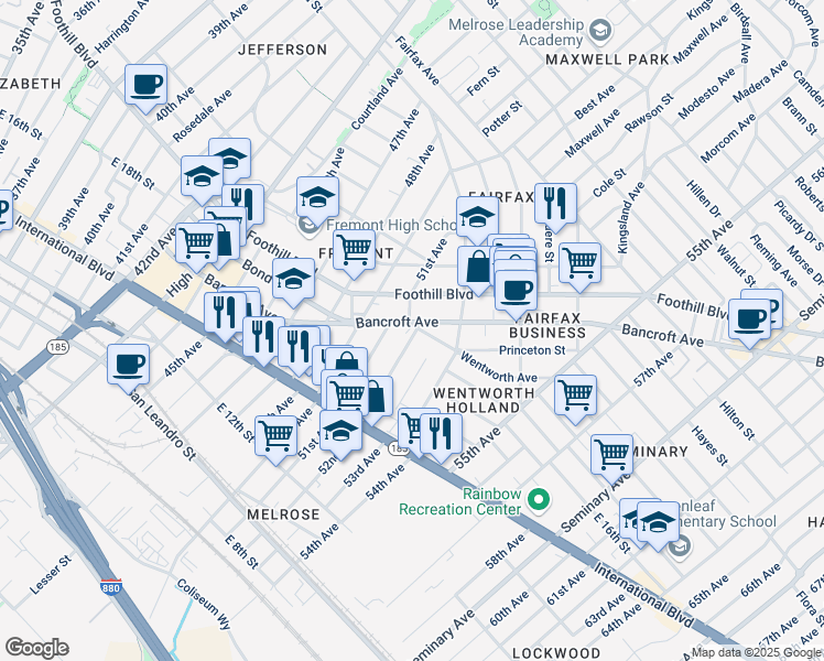 map of restaurants, bars, coffee shops, grocery stores, and more near 5133 Bancroft Avenue in Oakland