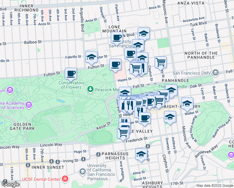 map of restaurants, bars, coffee shops, grocery stores, and more near Fell St & Stanyan St in San Francisco