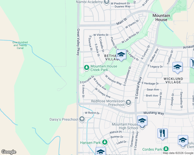 map of restaurants, bars, coffee shops, grocery stores, and more near 730 Escuela Drive in Mountain House