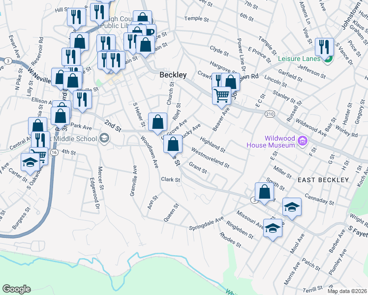 map of restaurants, bars, coffee shops, grocery stores, and more near 108 Westmoreland Street in Beckley