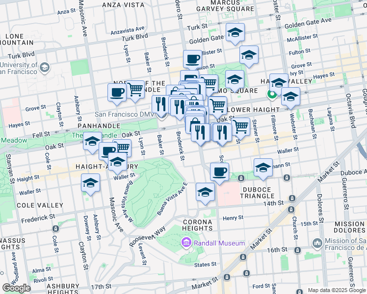 map of restaurants, bars, coffee shops, grocery stores, and more near 100 Broderick Street in San Francisco