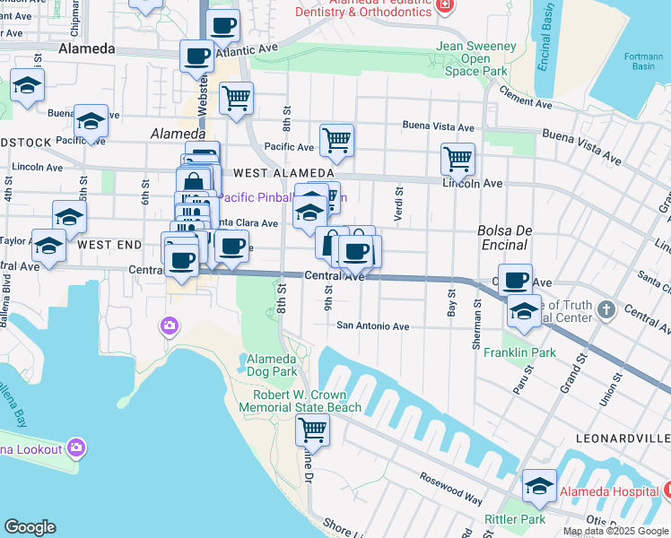 map of restaurants, bars, coffee shops, grocery stores, and more near 1406 9th Street in Alameda
