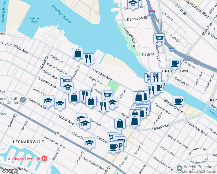 map of restaurants, bars, coffee shops, grocery stores, and more near 1822 Mulberry Street in Alameda