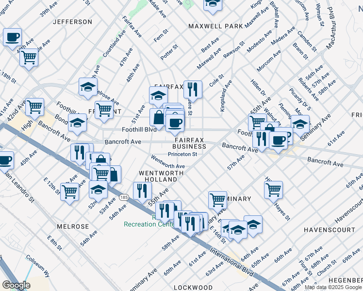 map of restaurants, bars, coffee shops, grocery stores, and more near 5407 Bancroft Avenue in Oakland