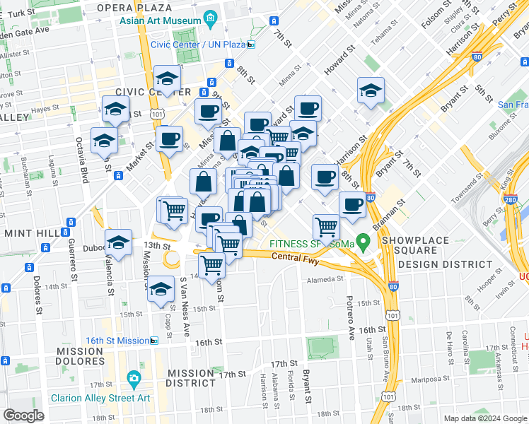map of restaurants, bars, coffee shops, grocery stores, and more near 355 11th Street in San Francisco