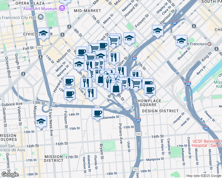 map of restaurants, bars, coffee shops, grocery stores, and more near 480 9th Street in San Francisco