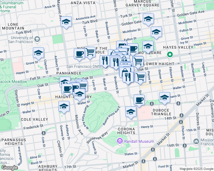 map of restaurants, bars, coffee shops, grocery stores, and more near 52 Baker Street in San Francisco