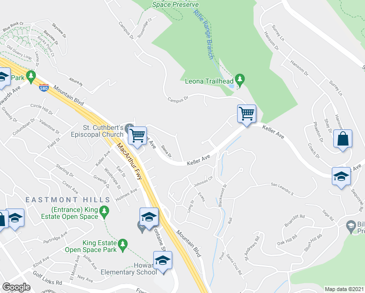 map of restaurants, bars, coffee shops, grocery stores, and more near 4329 Rilea Way in Oakland