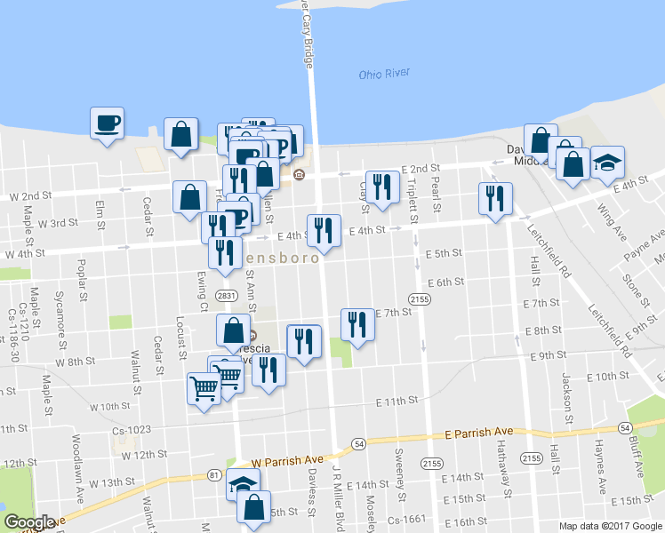map of restaurants, bars, coffee shops, grocery stores, and more near 310 East 5th Street in Owensboro