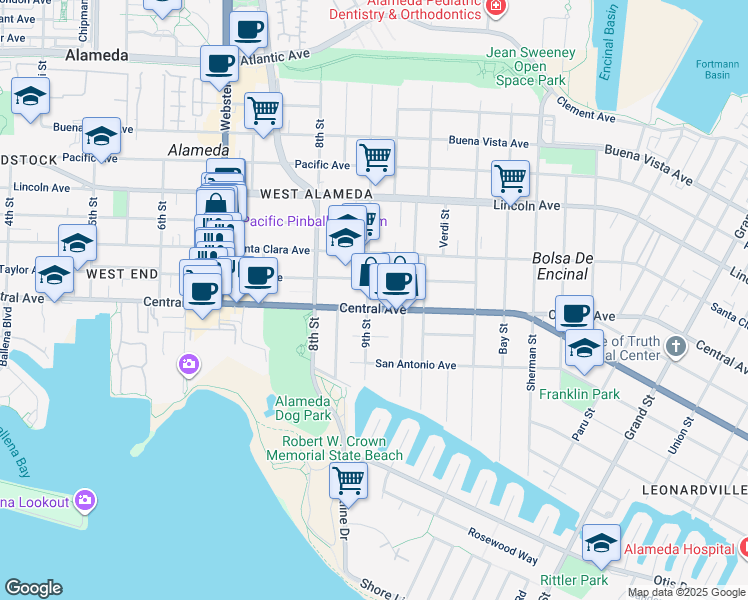 map of restaurants, bars, coffee shops, grocery stores, and more near 1406 9th Street in Alameda