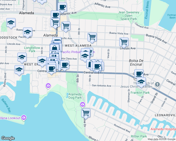 map of restaurants, bars, coffee shops, grocery stores, and more near 843 Central Avenue in Alameda