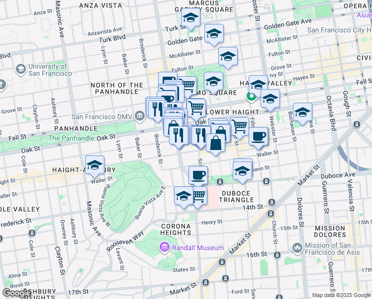 map of restaurants, bars, coffee shops, grocery stores, and more near 864 Haight Street in San Francisco