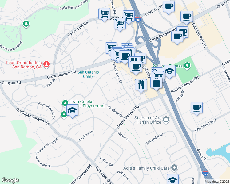 map of restaurants, bars, coffee shops, grocery stores, and more near 564 La Copita Court in San Ramon
