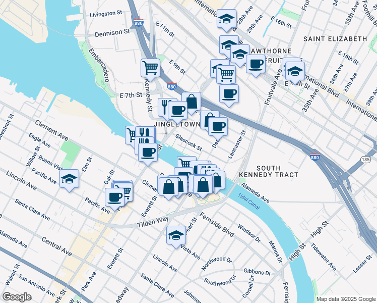 map of restaurants, bars, coffee shops, grocery stores, and more near 2853 Regatta Drive in Oakland