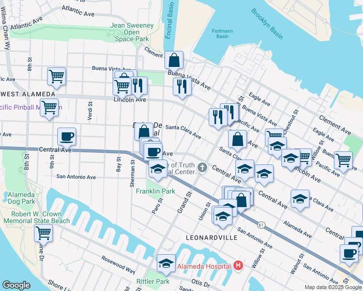 map of restaurants, bars, coffee shops, grocery stores, and more near 1418 Cottage Street in Alameda