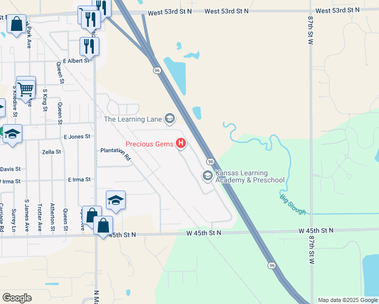 map of restaurants, bars, coffee shops, grocery stores, and more near 531 South Longbranch Drive in Maize
