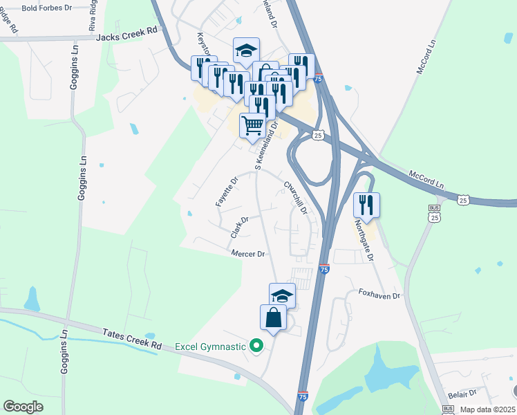 map of restaurants, bars, coffee shops, grocery stores, and more near 222 South Keeneland Drive in Richmond