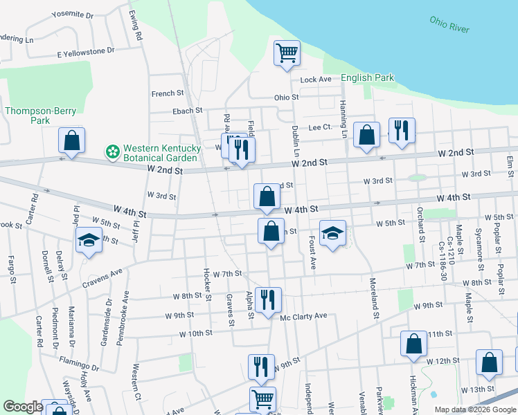map of restaurants, bars, coffee shops, grocery stores, and more near 336 Crabtree Avenue in Owensboro