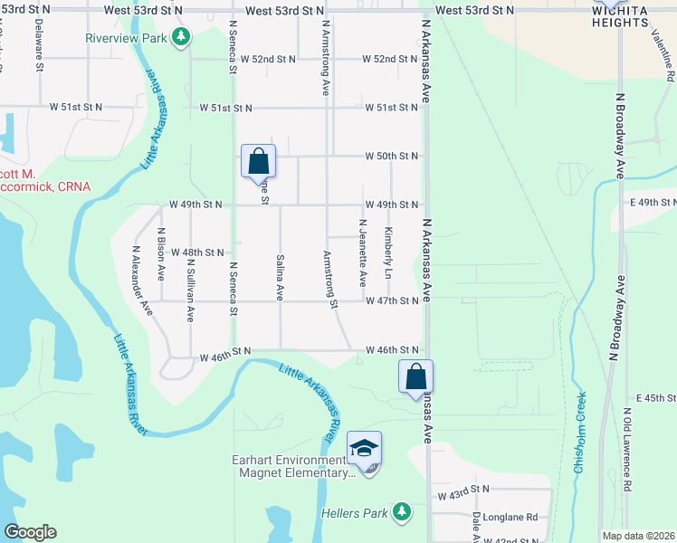 map of restaurants, bars, coffee shops, grocery stores, and more near 4845 North Jeanette Avenue in Wichita
