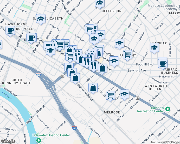 map of restaurants, bars, coffee shops, grocery stores, and more near 4401 International Boulevard in Oakland