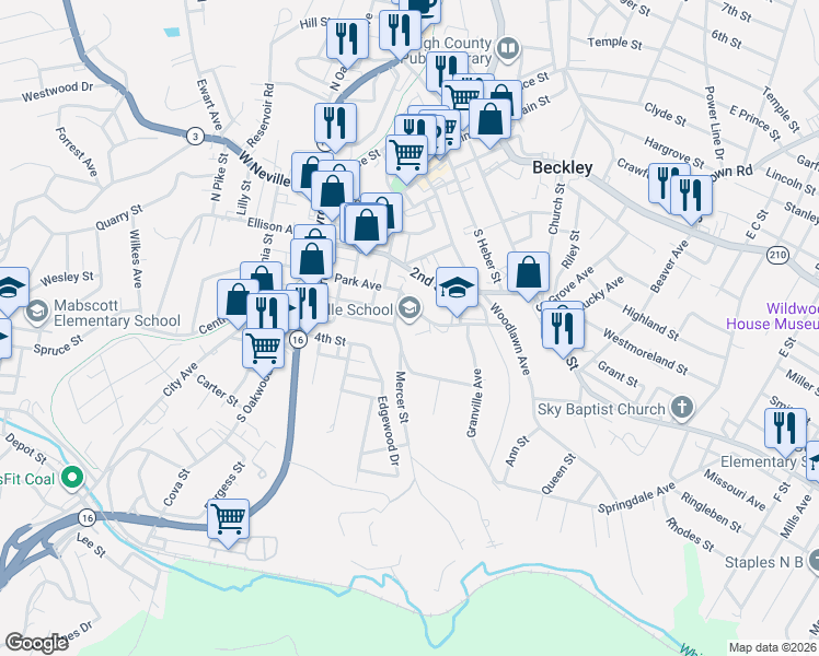 map of restaurants, bars, coffee shops, grocery stores, and more near 212 Park Ave in Beckley