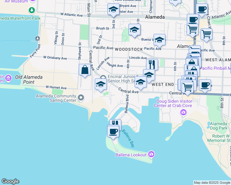 map of restaurants, bars, coffee shops, grocery stores, and more near 326 Central Avenue in Alameda