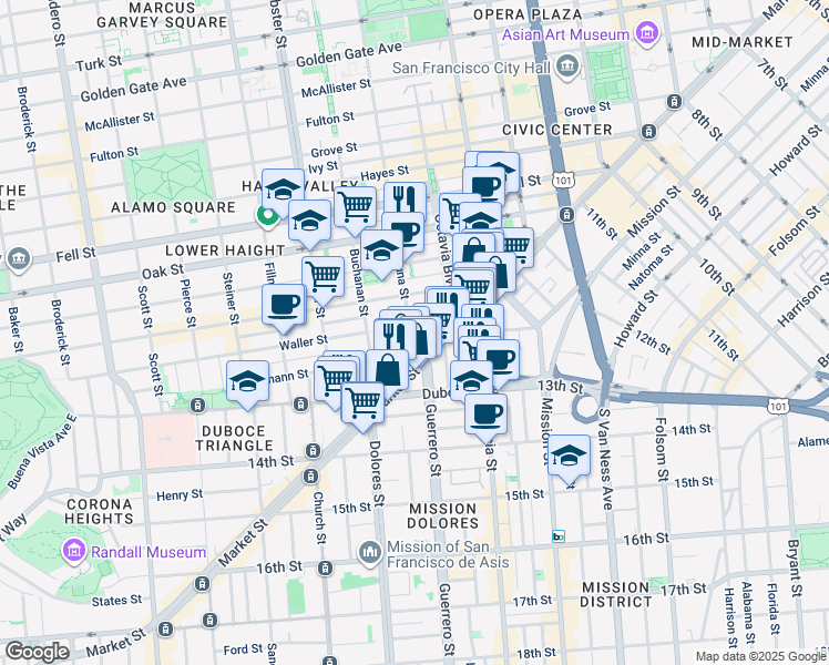 map of restaurants, bars, coffee shops, grocery stores, and more near 50 Laguna Street in San Francisco