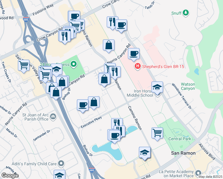 map of restaurants, bars, coffee shops, grocery stores, and more near 2430 Camino Ramon in San Ramon